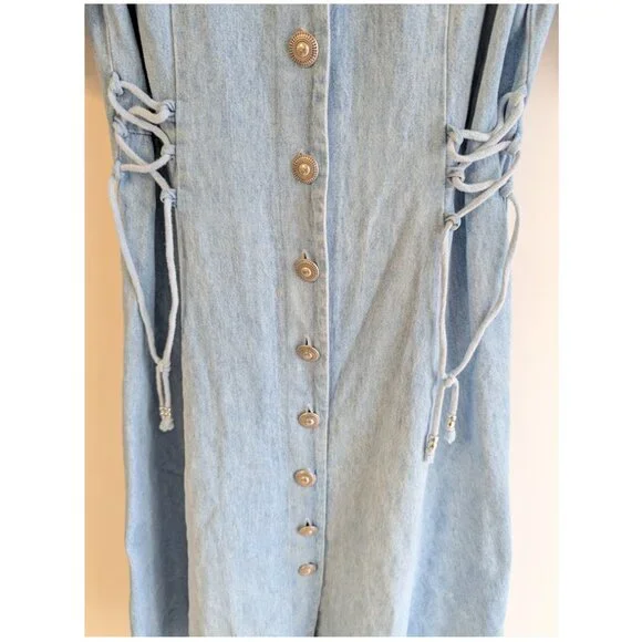Vintage Midi Denim Dress with full button front with bead detail at neckline - Picture 2 of 10